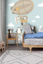 Flying Animals Over Town Wallpaper : Fox Balloon Ride Kids Mural - View 5
