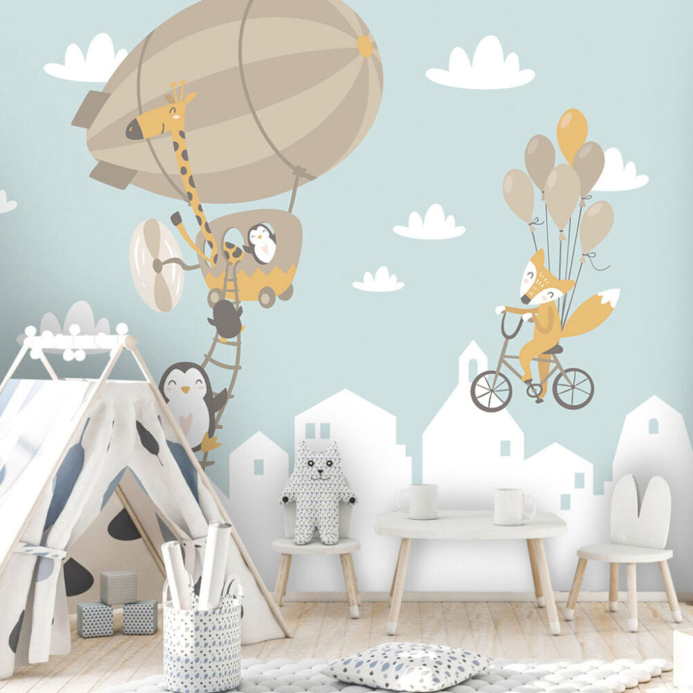 Flying Animals Over Town Wallpaper : Fox Balloon Ride Kids Mural - View 4