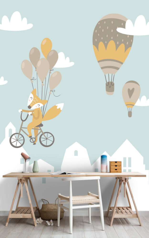 Flying Animals Over Town Wallpaper : Fox Balloon Ride Kids Mural - View 3