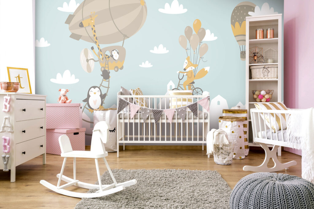Flying Animals Over Town Wallpaper : Fox Balloon Ride Kids Mural - View 2