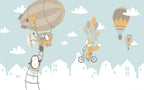 Flying Animals Over Town Wallpaper : Fox Balloon Ride Kids Mural - flat design