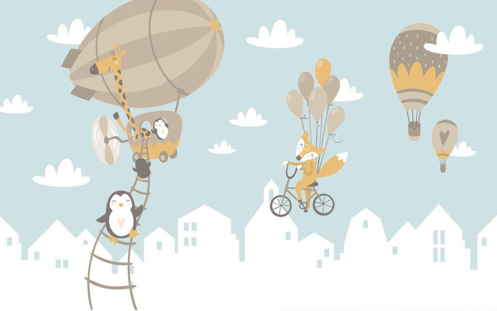 Flying Animals Over Town Wallpaper : Fox Balloon Ride Kids Mural - flat design