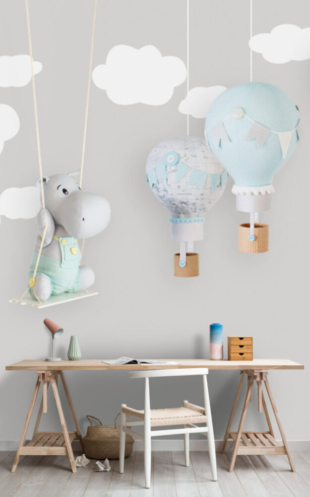 Teddy Bear Cloud Wallpaper : Pastel Balloons Nursery Mural - View 5