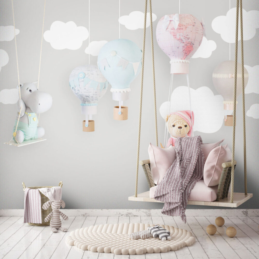 Teddy Bear Cloud Wallpaper : Pastel Balloons Nursery Mural - View 4