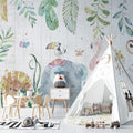 Watercolor Jungle Animals Wallpaper : Safari Friends on Wood Kids Mural