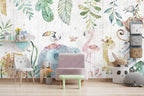 Watercolor Jungle Animals Wallpaper : Safari Friends on Wood Kids Mural - View 2