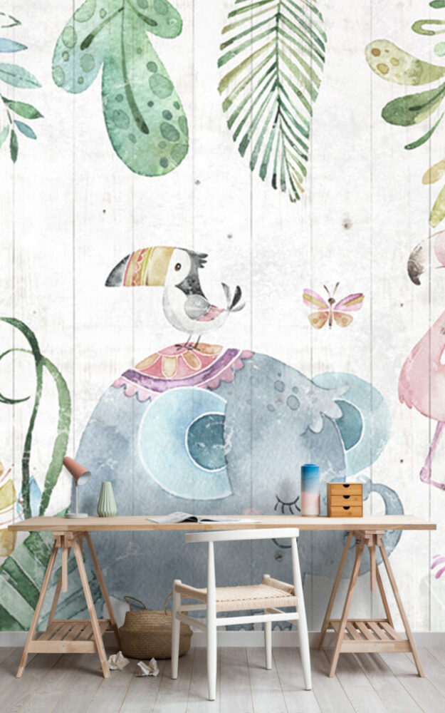 Watercolor Jungle Animals Wallpaper : Safari Friends on Wood Kids Mural - View 5