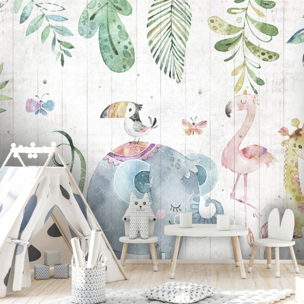 Watercolor Jungle Animals Wallpaper : Safari Friends on Wood Kids Mural - View 4