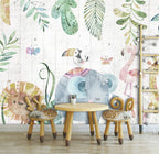 Watercolor Jungle Animals Wallpaper : Safari Friends on Wood Kids Mural - View 3