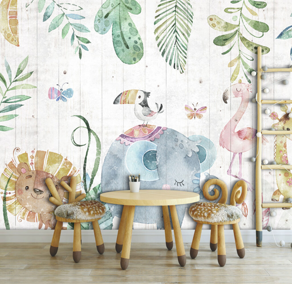 Watercolor Jungle Animals Wallpaper : Safari Friends on Wood Kids Mural - View 3