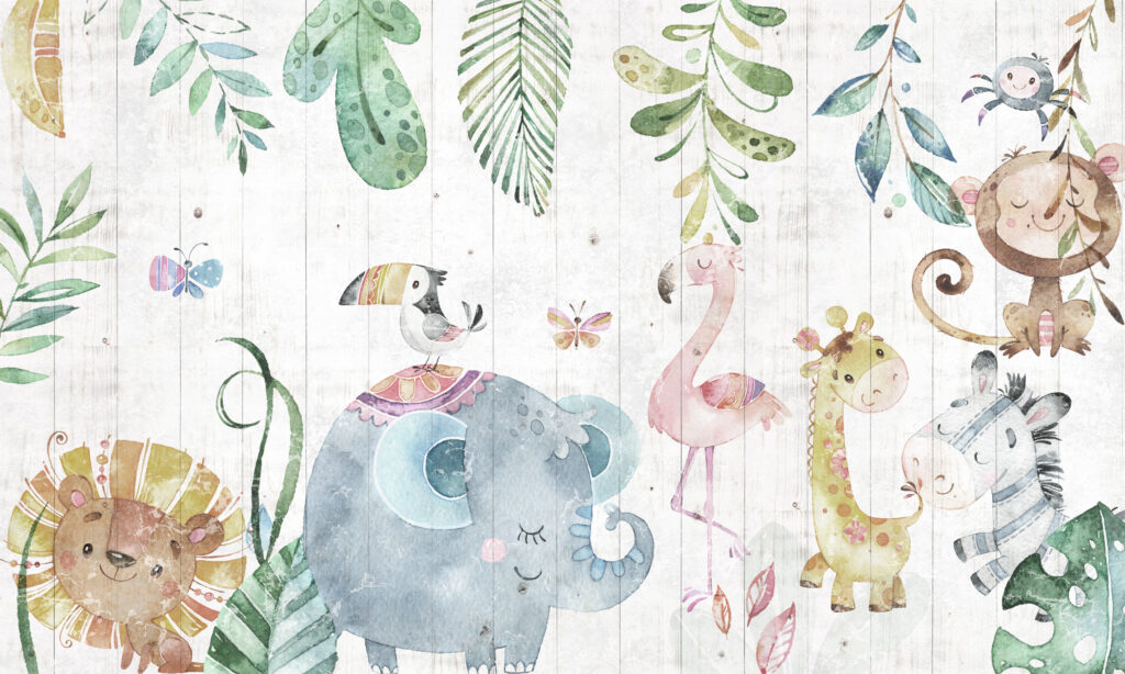 Watercolor Jungle Animals Wallpaper : Safari Friends on Wood Kids Mural - flat design