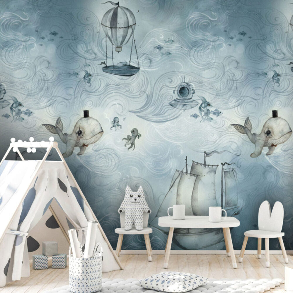 Underwater Sailing Ships Wallpaper : Blue Ocean Whale Kids Mural - View 4