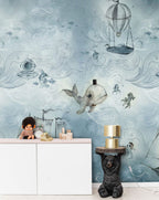 Underwater Sailing Ships Wallpaper : Blue Ocean Whale Kids Mural - View 3