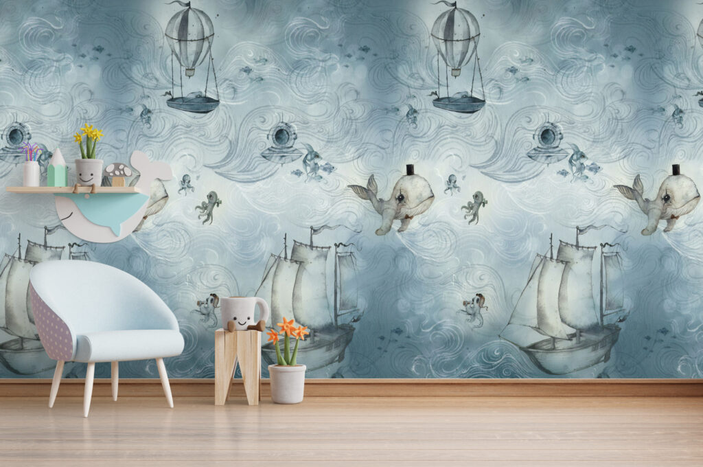 Underwater Sailing Ships Wallpaper : Blue Ocean Whale Kids Mural