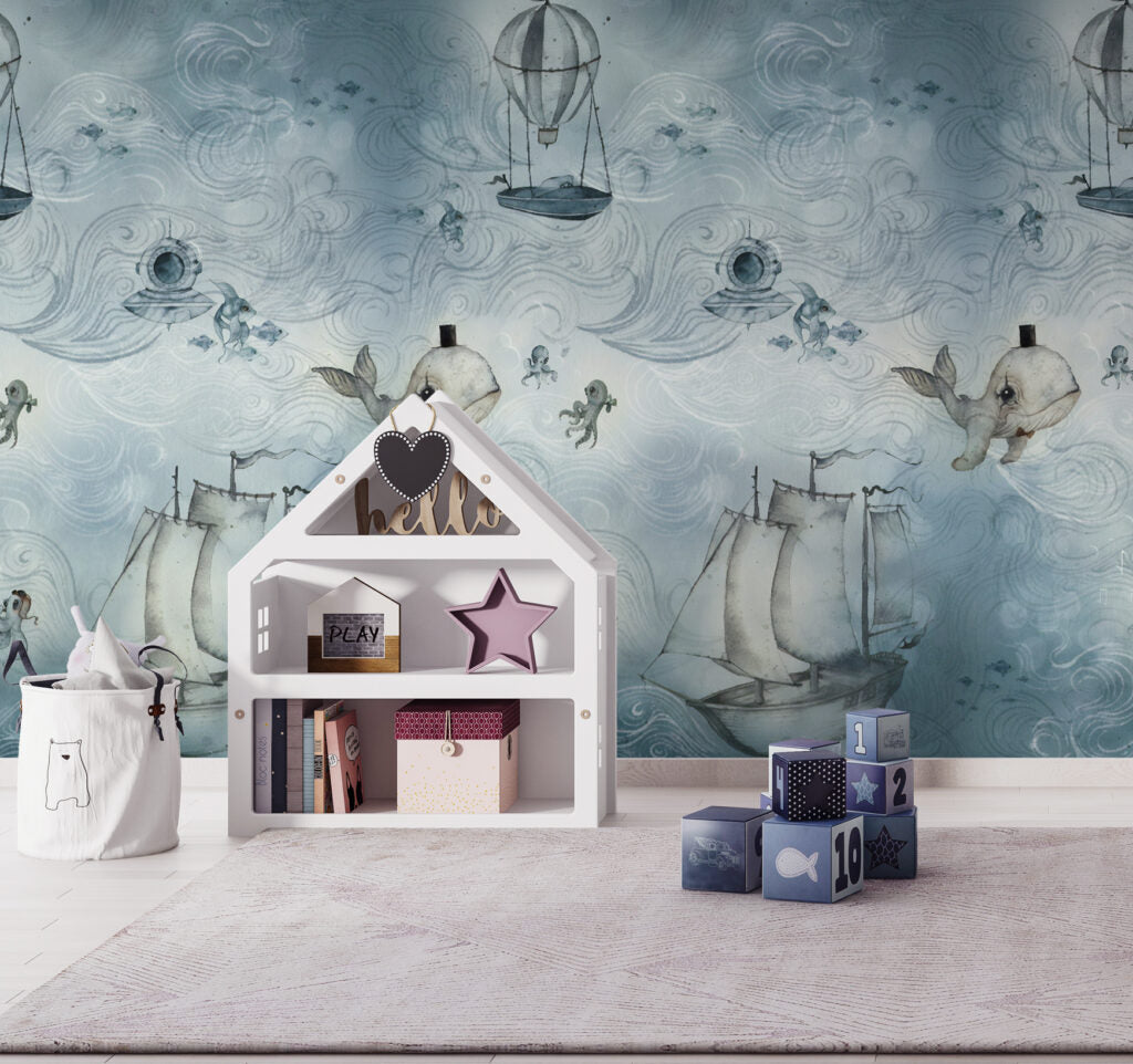 Underwater Sailing Ships Wallpaper : Blue Ocean Whale Kids Mural - View 2