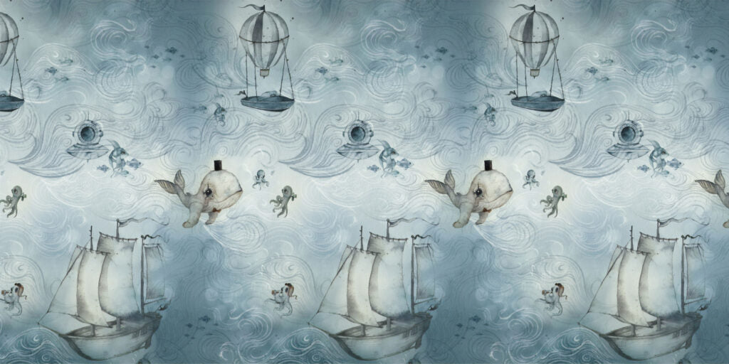 Underwater Sailing Ships Wallpaper : Blue Ocean Whale Kids Mural - flat design
