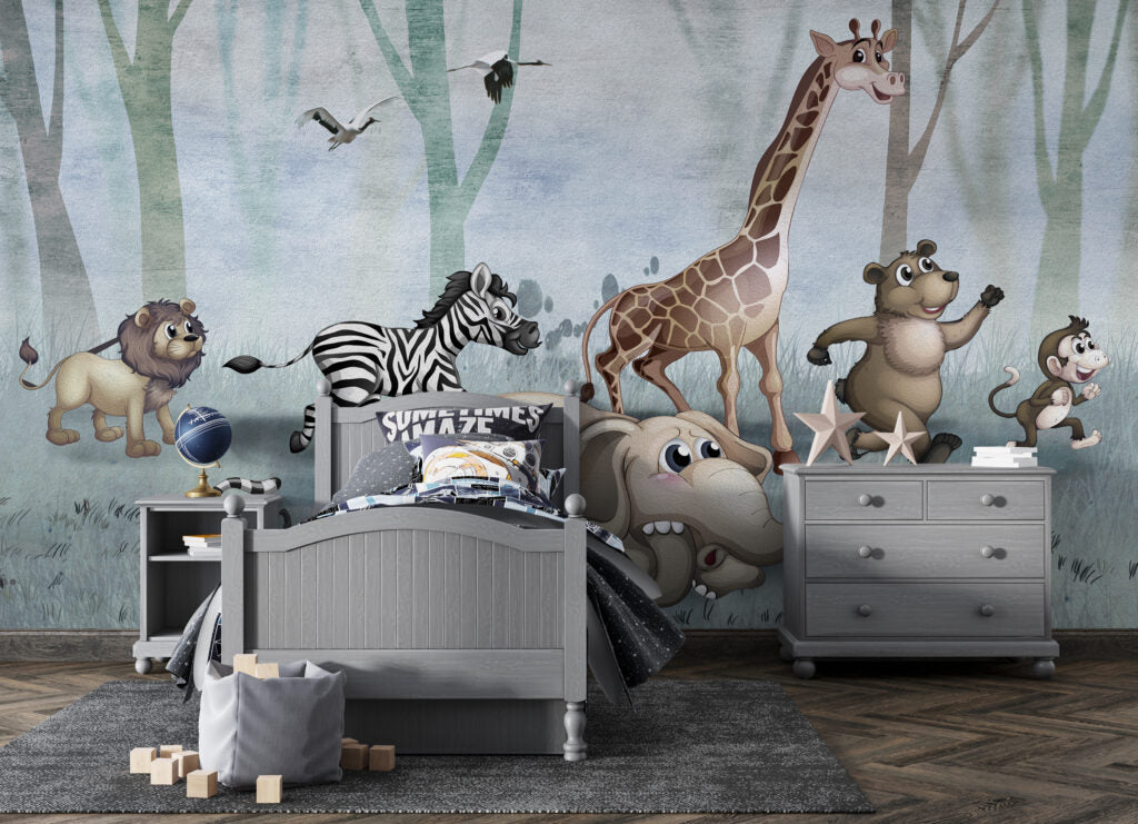 Running Safari Animals Wallpaper : Zebra and Giraffe Forest Kids Mural