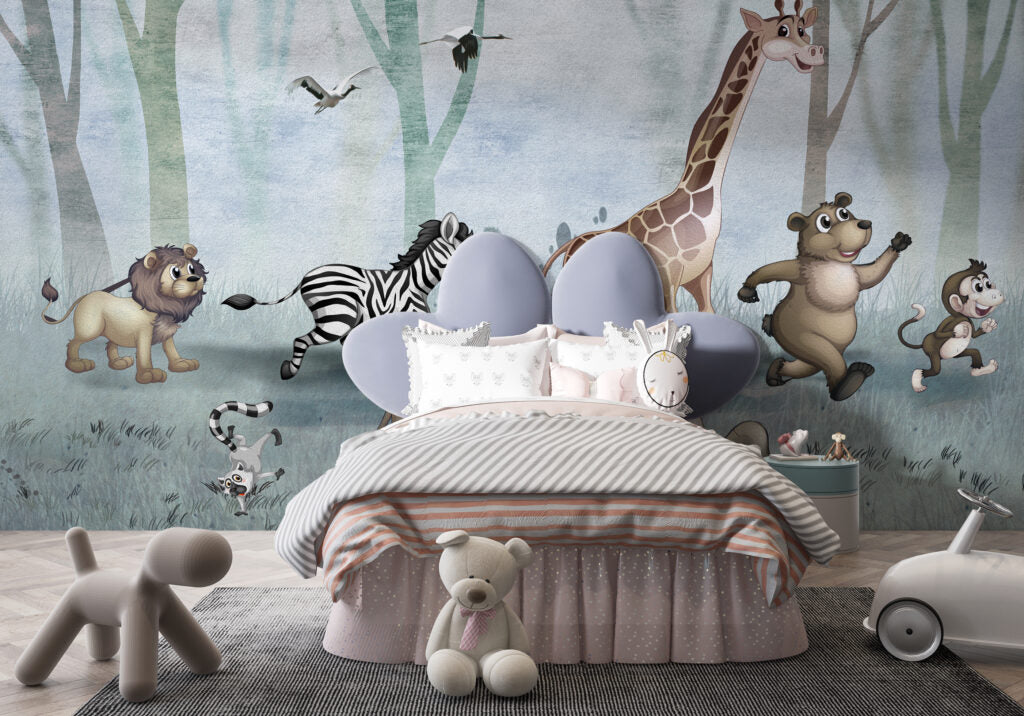 Running Safari Animals Wallpaper : Zebra and Giraffe Forest Kids Mural - View 2