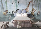 Running Safari Animals Wallpaper : Zebra and Giraffe Forest Kids Mural - View 2