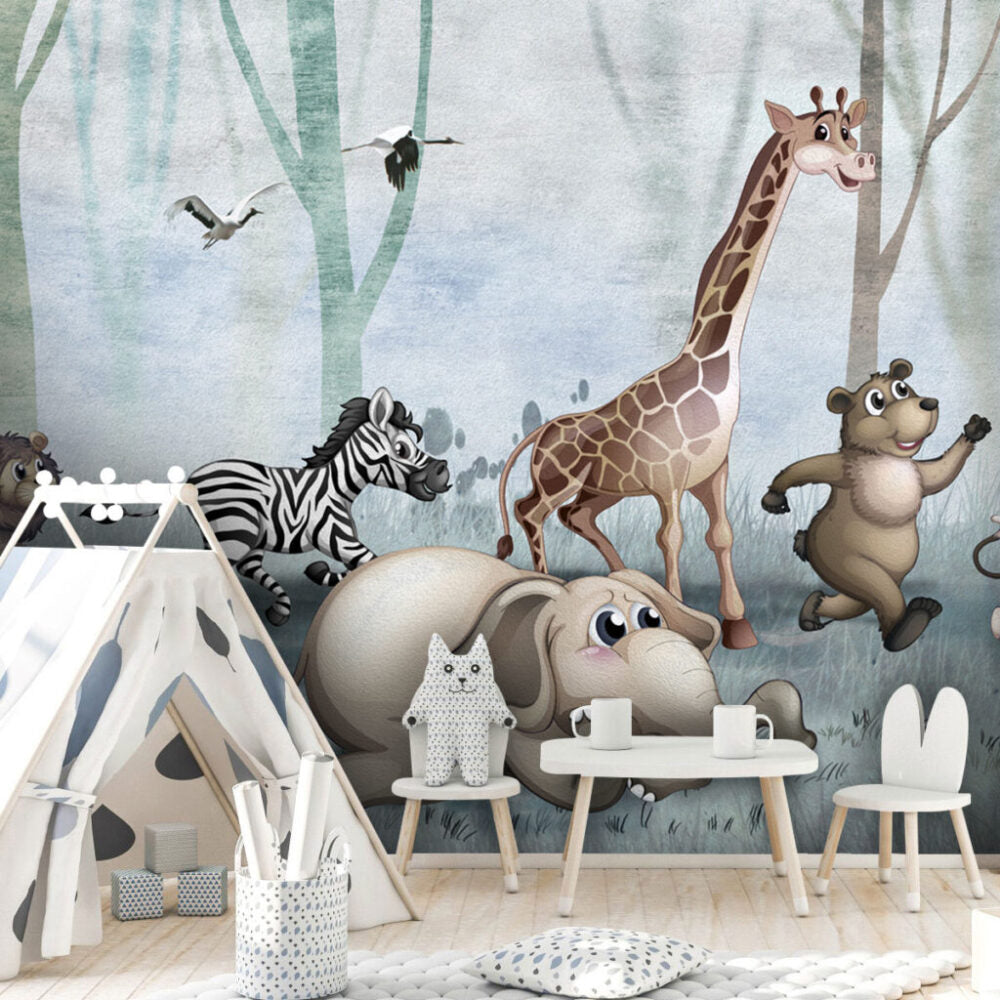 Running Safari Animals Wallpaper : Zebra and Giraffe Forest Kids Mural - View 5