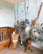 Running Safari Animals Wallpaper : Zebra and Giraffe Forest Kids Mural - View 4