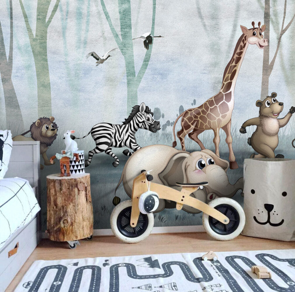 Running Safari Animals Wallpaper : Zebra and Giraffe Forest Kids Mural - View 3