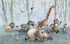 Running Safari Animals Wallpaper : Zebra and Giraffe Forest Kids Mural - flat design