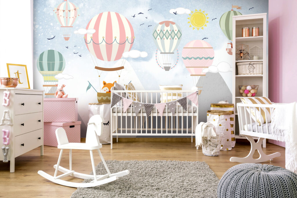 Mountain Balloons Wallpaper : Fox in Hot Air Balloon Kids Mural - View 5