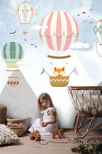 Mountain Balloons Wallpaper : Fox in Hot Air Balloon Kids Mural - View 4