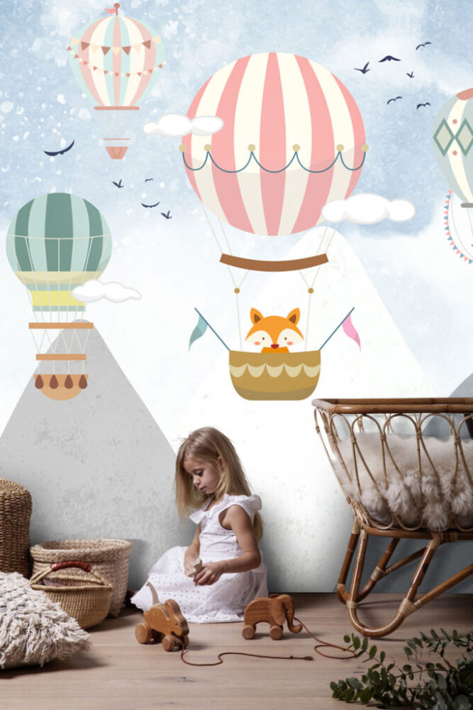 Mountain Balloons Wallpaper : Fox in Hot Air Balloon Kids Mural - View 4