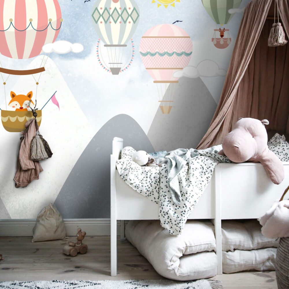Mountain Balloons Wallpaper : Fox in Hot Air Balloon Kids Mural - View 3