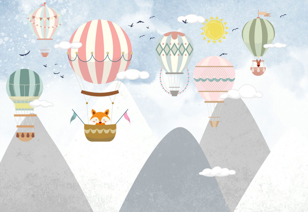 Mountain Balloons Wallpaper : Fox in Hot Air Balloon Kids Mural - flat design