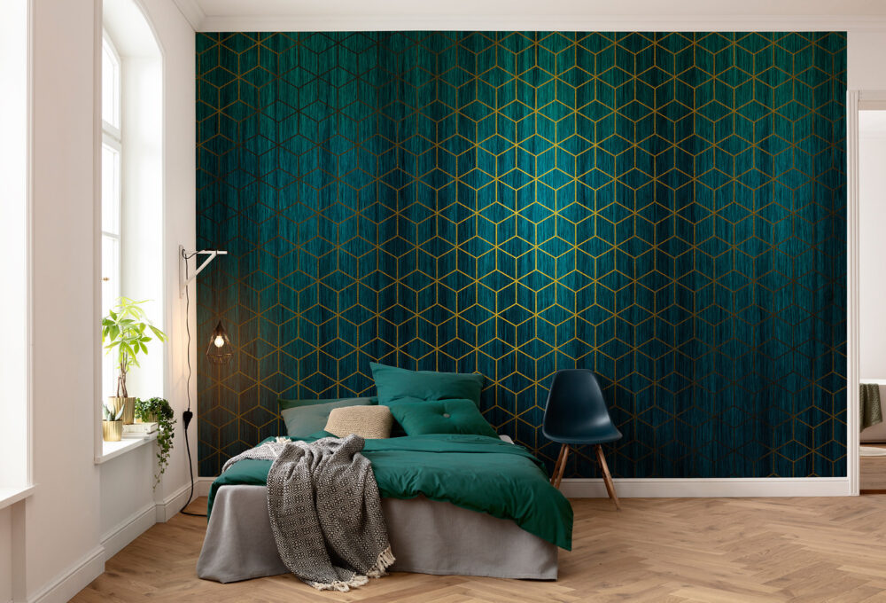 Teal Gold Hexagon Wallpaper : 3D Geometric Mural - View 2