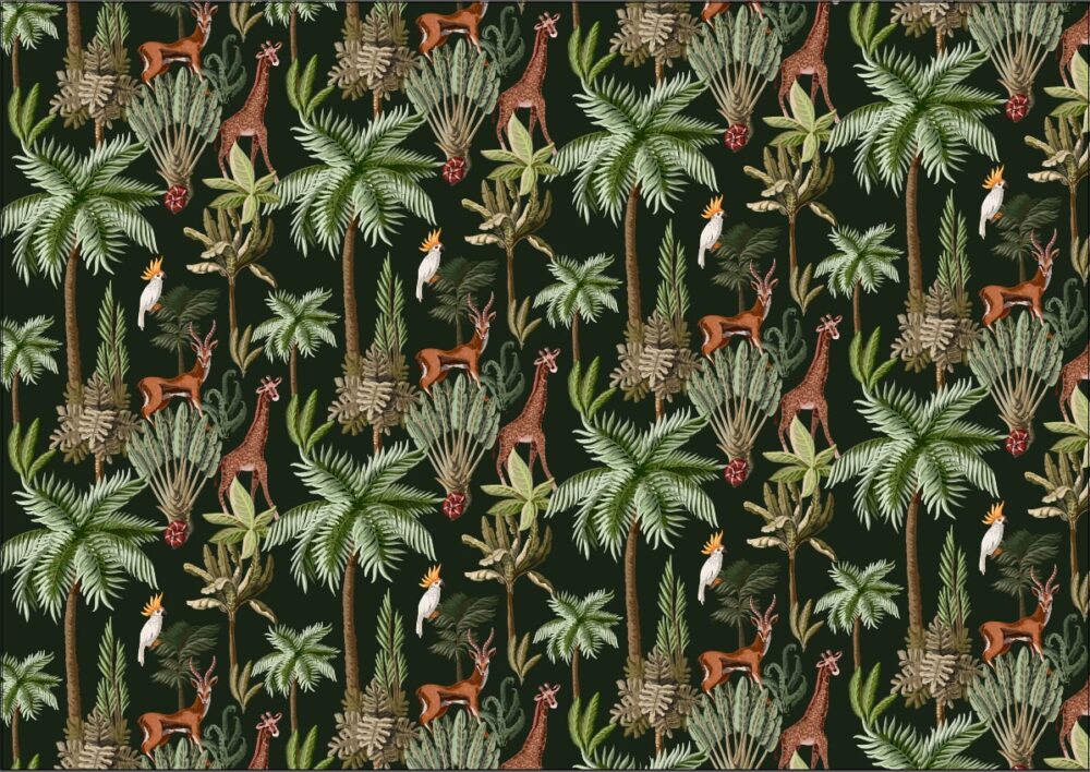 Giraffe Jungle Wallpaper : Dark Tropical Palm and Antelope Pattern - View 2