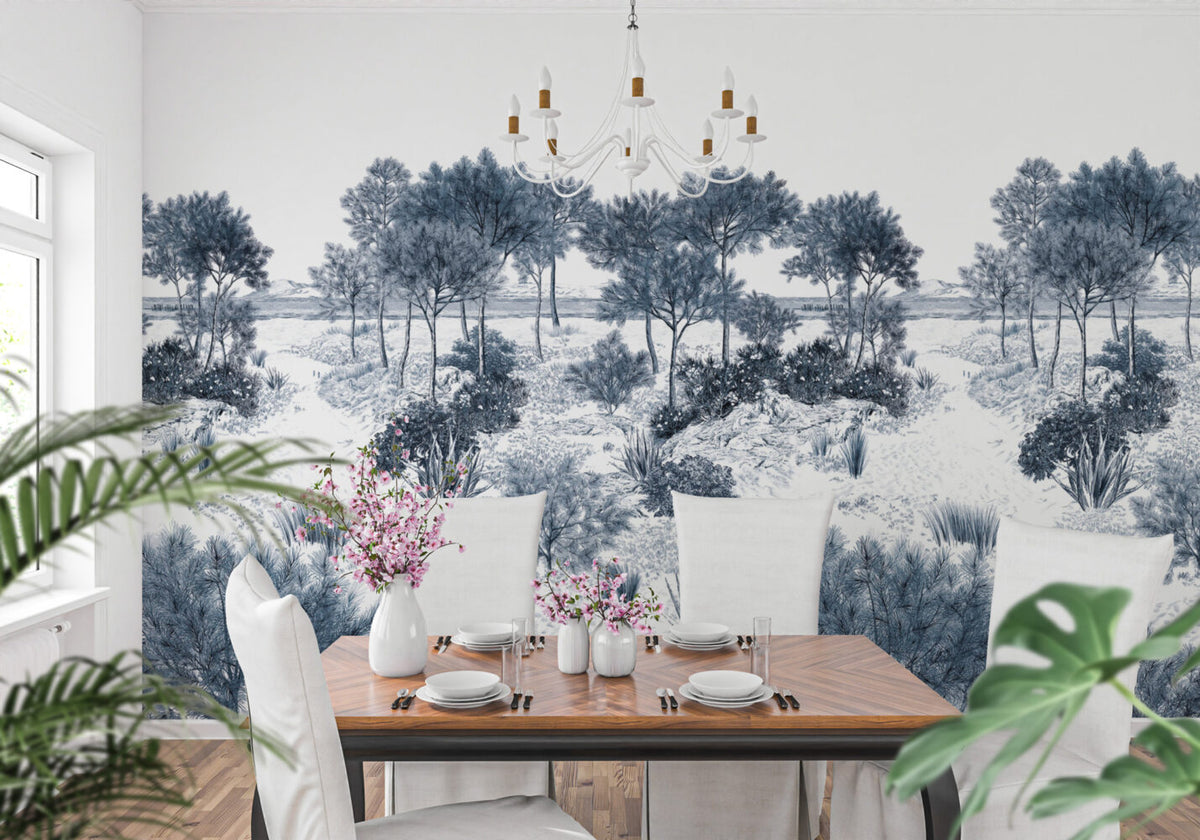 Blue Toile Landscape Wallpaper : Engraved Pine Forest Mural