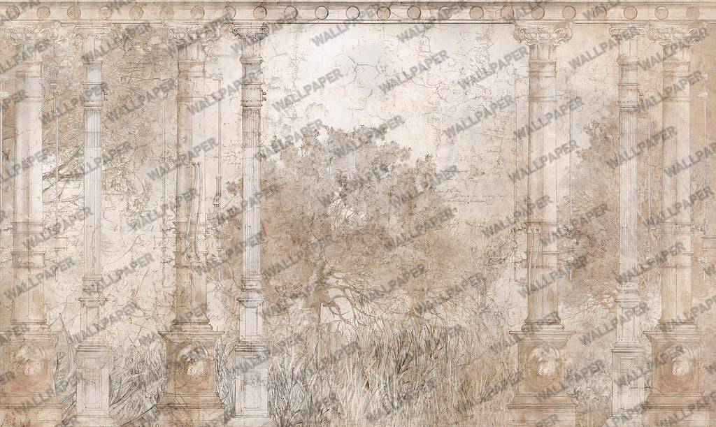 Antique Palace Wallpaper : Beige Ruined Columns Botanical Mural - flat design