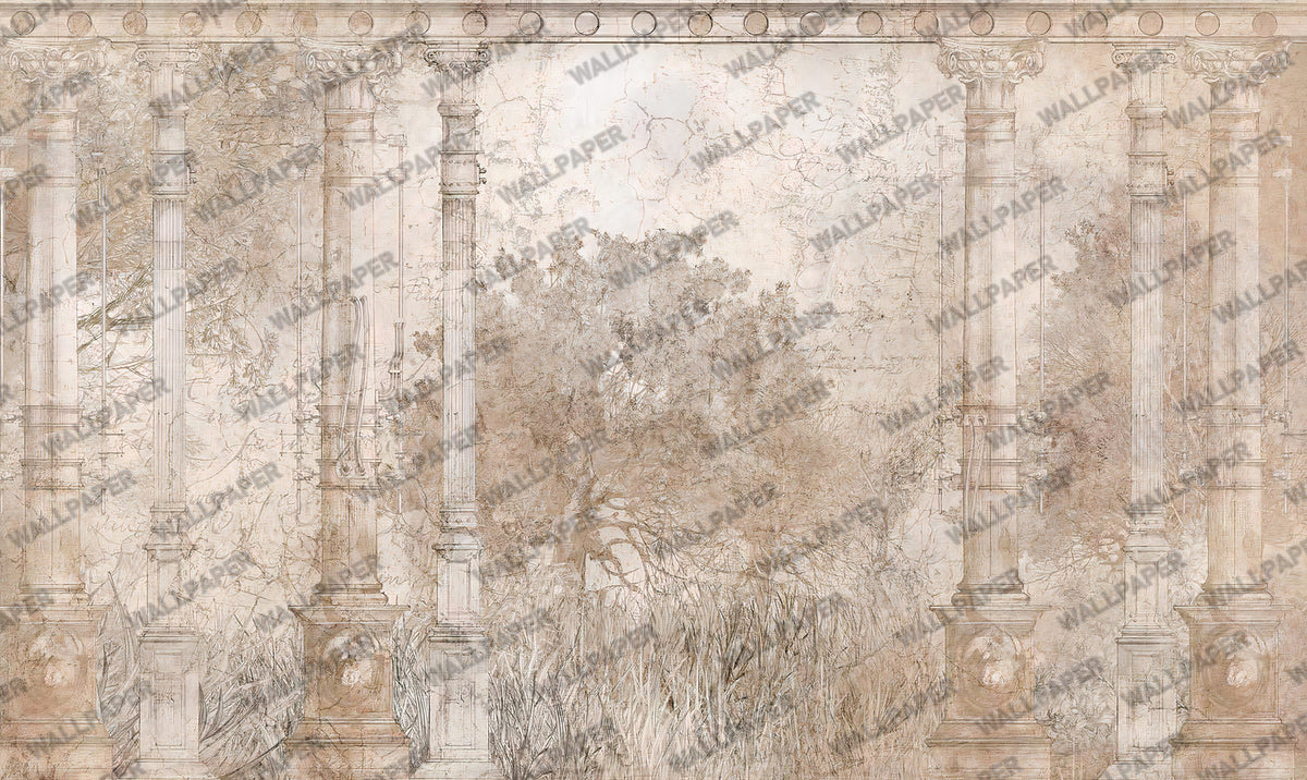 Antique Palace Wallpaper : Beige Ruined Columns Botanical Mural - flat design