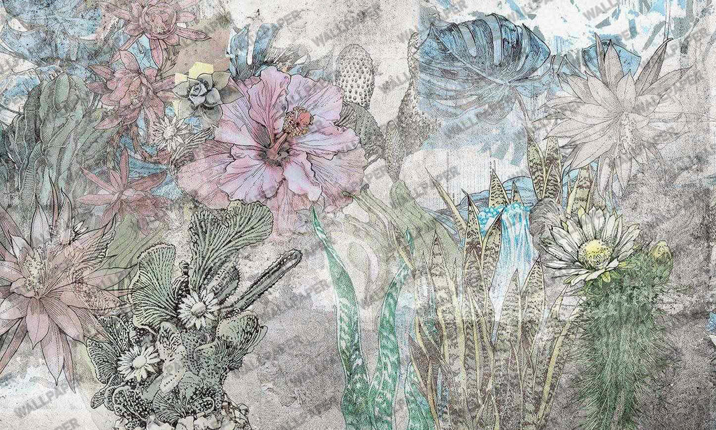 Sketched Rose Wallpaper : Pastel Line Art Floral Mural - View 2