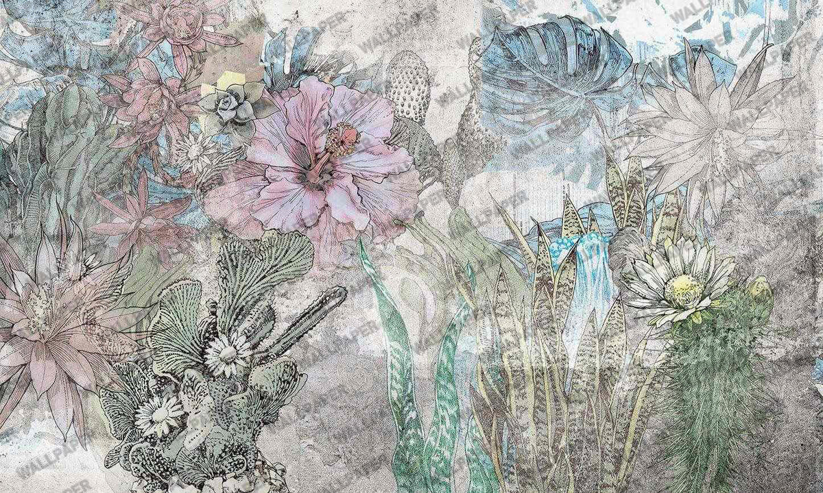Sketched Rose Wallpaper : Pastel Line Art Floral Mural - View 2
