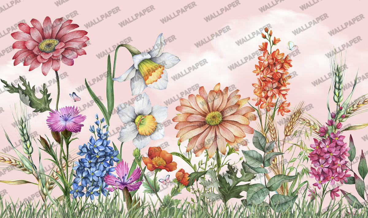 Wildflower Meadow Wallpaper : Daisies and Daffodils Botanical Mural - View 2