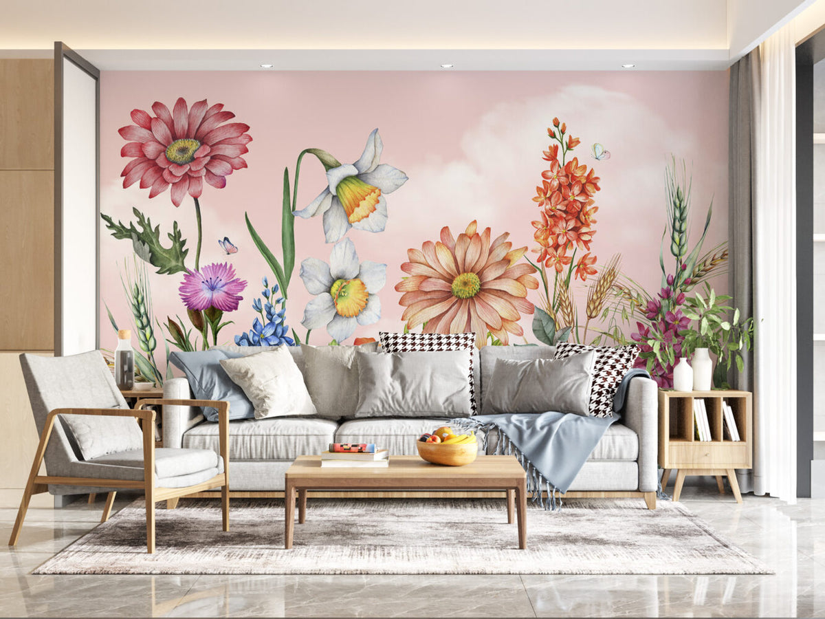 Wildflower Meadow Wallpaper : Daisies and Daffodils Botanical Mural