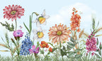 Wildflower Meadow Wallpaper : Daisies and Daffodils Botanical Mural - flat design