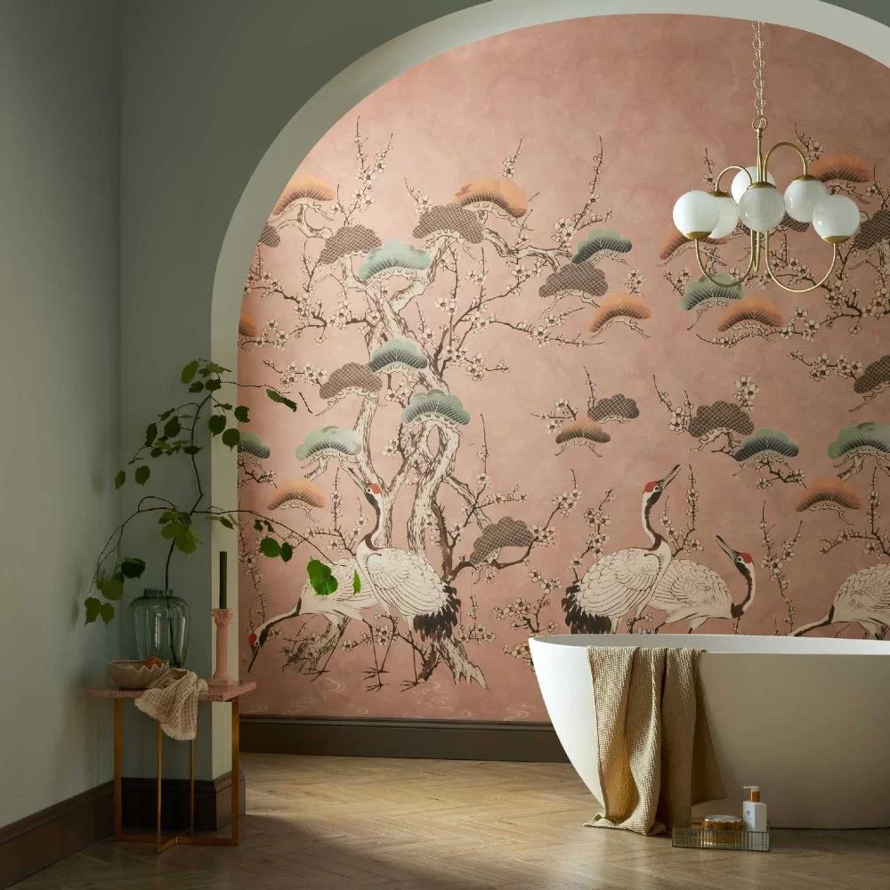 Pink Crane Chinoiserie Wallpaper : Pine and Blossom Branches Mural