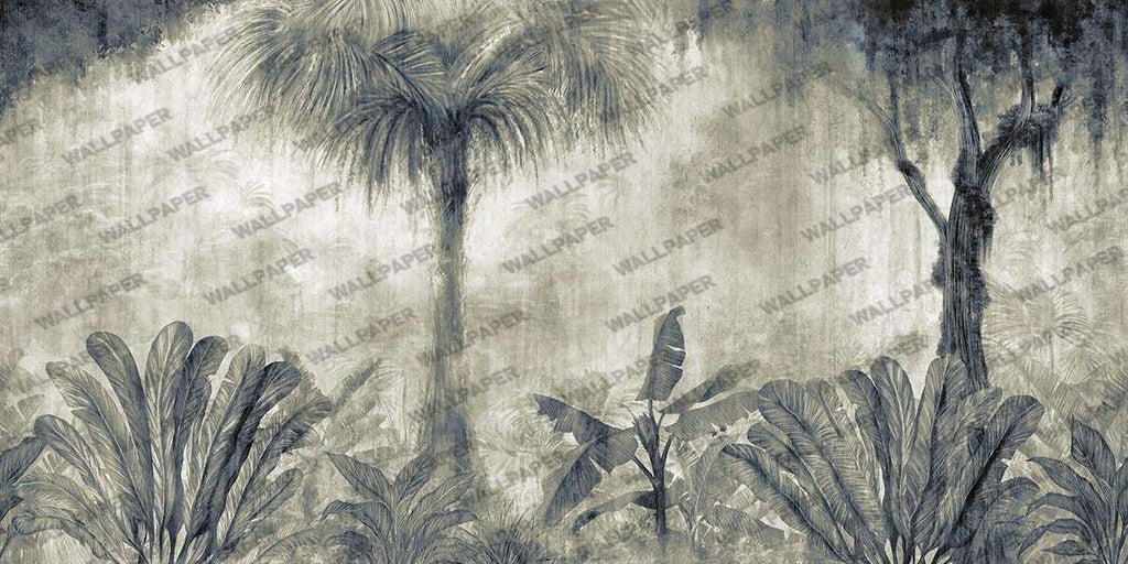 Faded Palm Jungle Wallpaper : Sage Vintage Tropical Mural - flat design