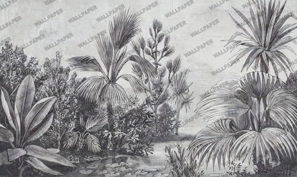 Black and White Palm Wallpaper : Engraved Tropical Flower Mural - flat design