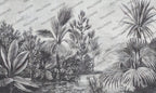 Black and White Palm Wallpaper : Engraved Tropical Flower Mural - flat design