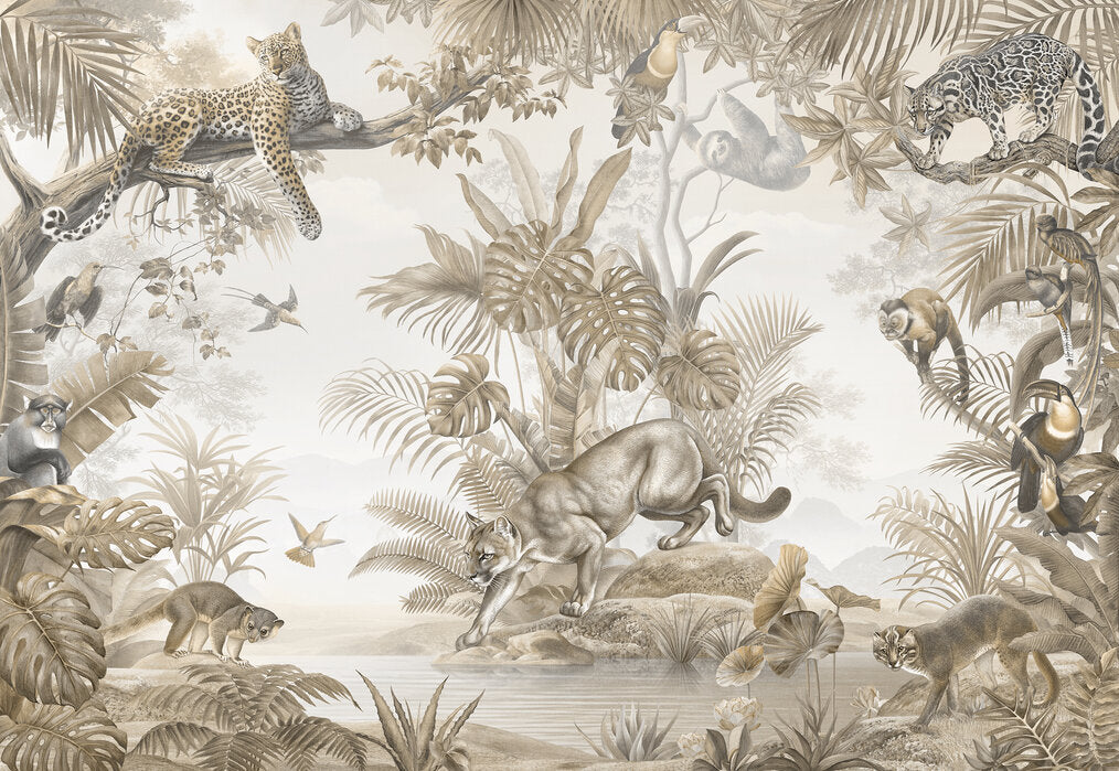Sepia Jungle Wallpaper : Leopards and Monkeys Tropical Mural - flat design