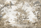 Sepia Jungle Wallpaper : Leopards and Monkeys Tropical Mural - flat design
