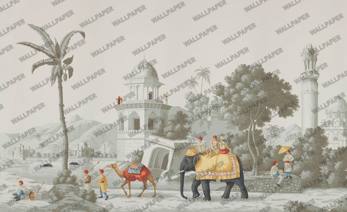 Indian Palace Elephant Wallpaper : Vintage Camel Caravan Mural - flat design