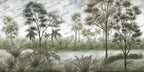 Misty Savanna Wallpaper : Green Tropical Lakeside Mural - flat design